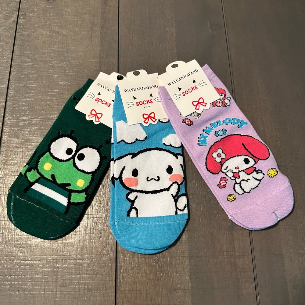 Keroppi, My Melody, and Cinna Kids Socks Set - Green, Blue, Purple